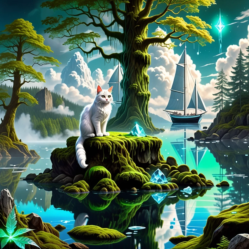 Epic fantasy digital painting, a magical glowing forest with towering ancient trees with bioluminescent leaves, lush green moss, and floating glowing spores. In the distance, a…