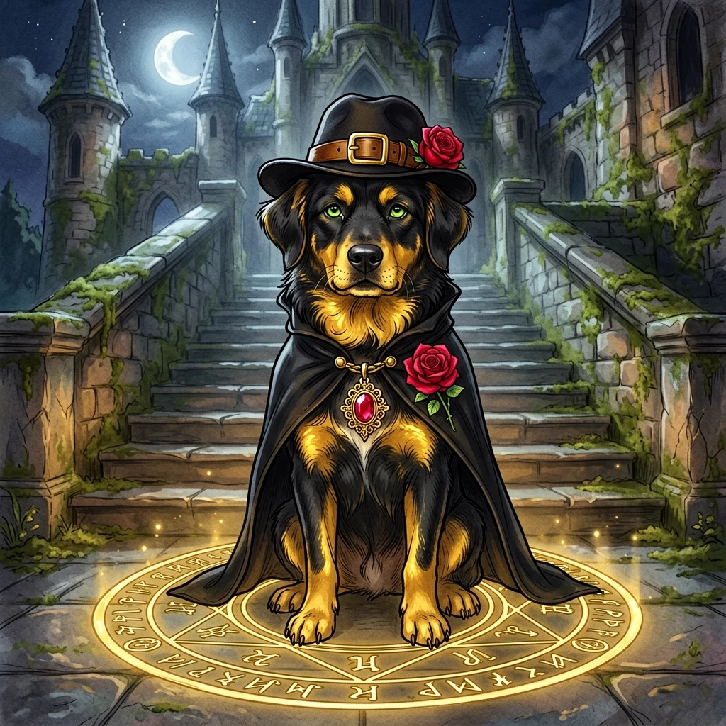 (Background):Moonlit night spires of an ancient stone building with moss growing between the stones. There is a dog sitting on a wide landing at the bottom of a stone staircase.…