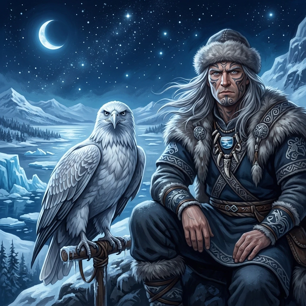 In the painting, we see a man with an eagle sitting next to him. The man looks stern and determined, with thick eyebrows and attentive silver-blue eyes. Ice floes and snow will…