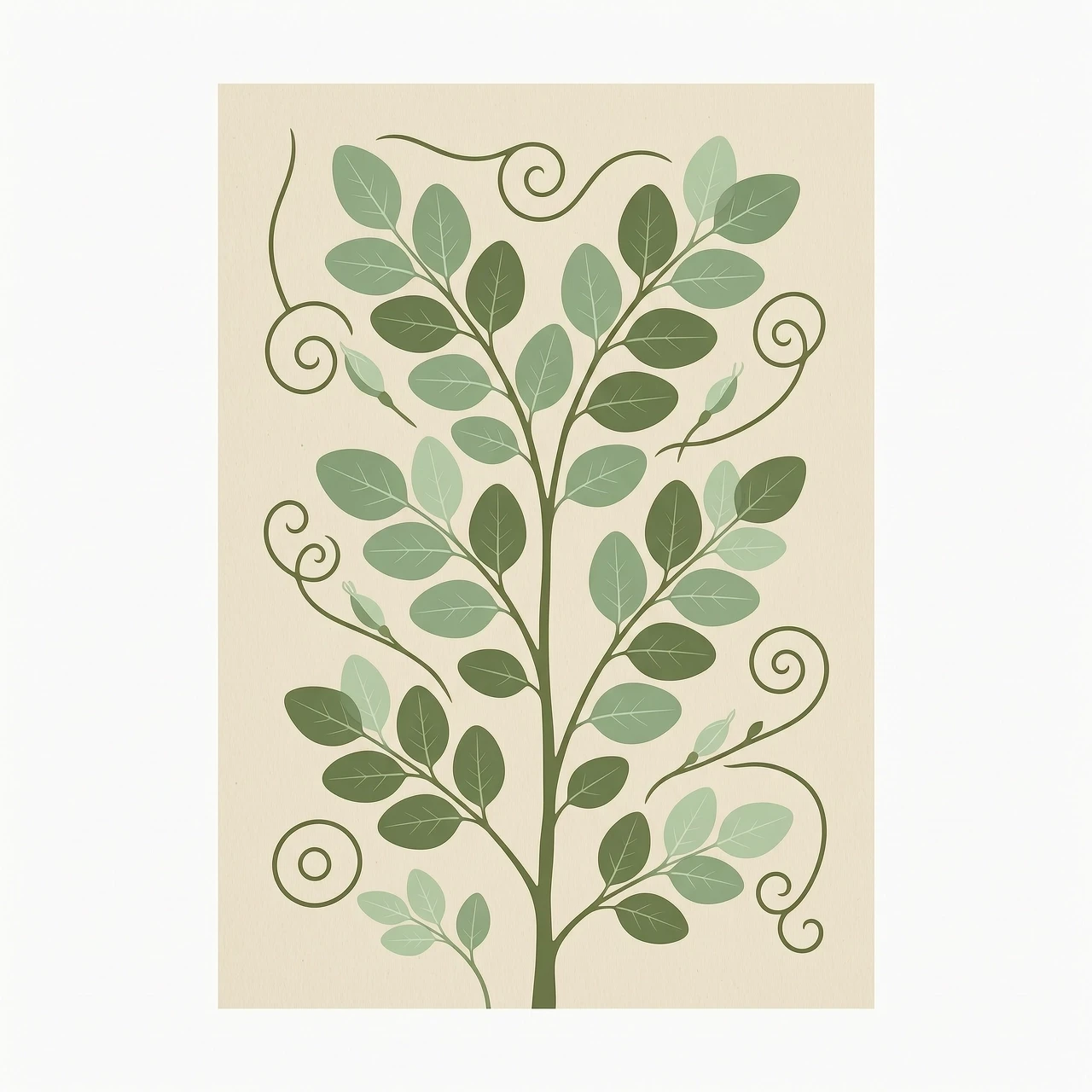Abstract botanical poster, minimalist composition, tall elegant eucalyptus leaves and flowing vines, vertical organic lines, soft olive green and sage accents on warm beige and…