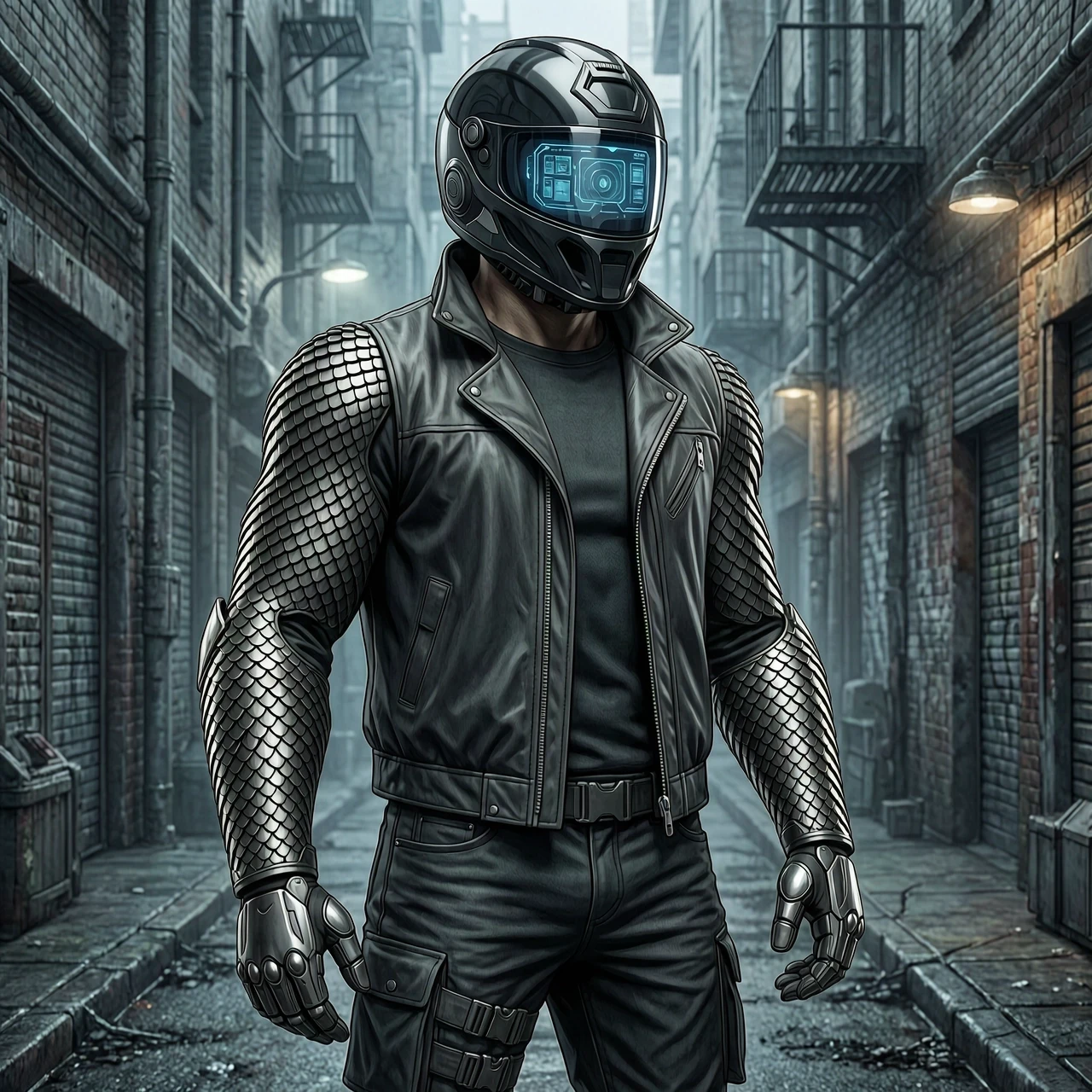 A full-body concept art of a futuristic sci-fi operative. Wearing a tactical dark fabric and leather combat jacket. The head is enclosed in a high-tech tactical helmet, a hybrid…