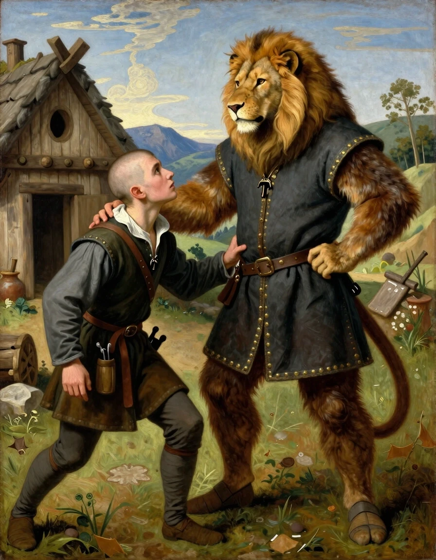 Create an image in the style of a medieval oil painting: a forty-year-old furry with a human body and a leonine head, grabs a young thief by the shirt collar with his left hand.…