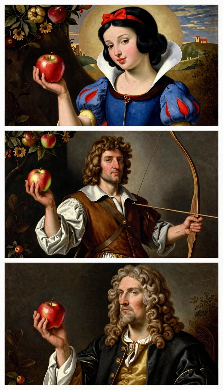 The Apple triptych. The painting is divided into three parts. The upper part shows Snow White holding an apple in her hand. In the central part, the archer William Tell, who…