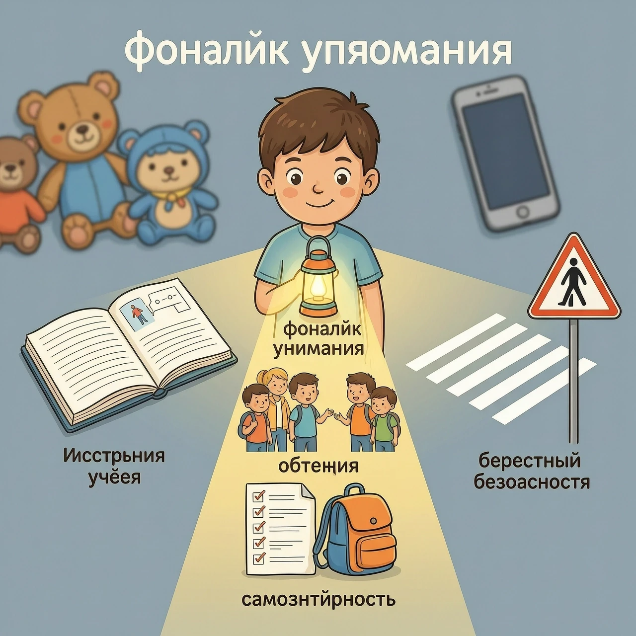 Изобрази мальчика 8–9 лет, который держит в руке светящийся «фонарик внимания». Луч света выделяет 4 важные зоны вокруг него: — слева: открытая тетрадь и инструкция (учёба), —…