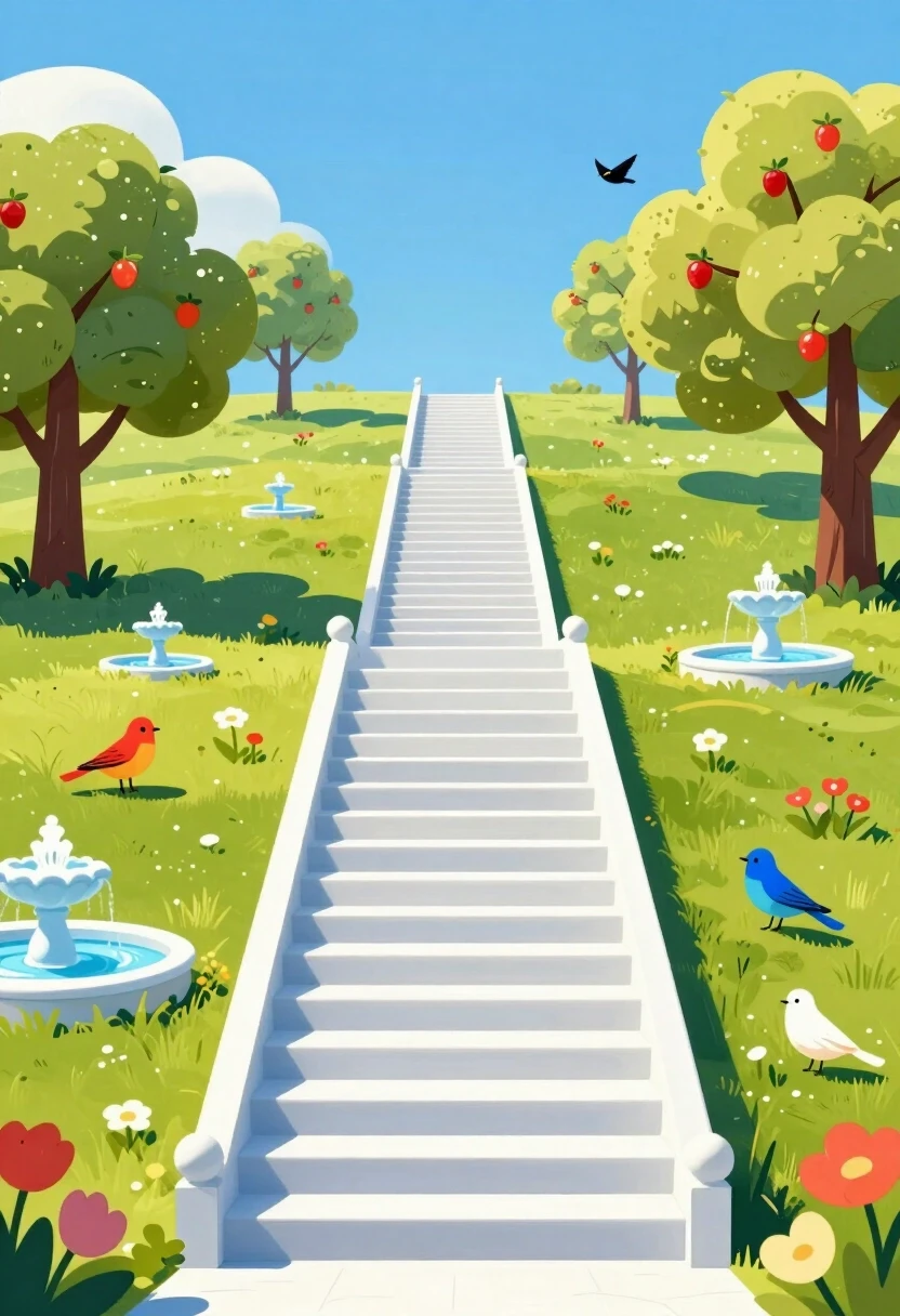 A long, bright staircase ascends, narrowing. The staircase leads to paradise. A sunny meadow, blue sky, fruit trees, birds, flowers, fountains. Everything is permeated with…