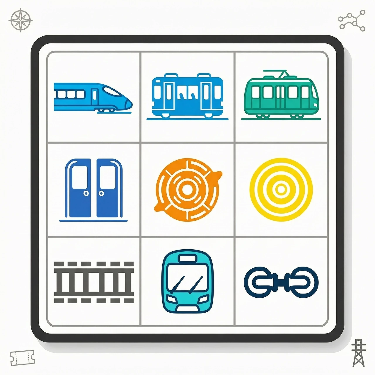 A design of a 3x3 grid gaming board card for a "Transport Bingo" game, game asset template. Inside the 9 square cells, there are minimal clean vector icons…