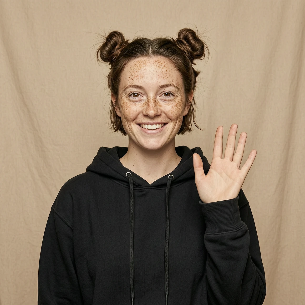 simple background, beautiful 1woman with short brown hair, hair buns, black hoodie, freckles, brown eyes, waving her palm — работа пользователя Божественная Звезда