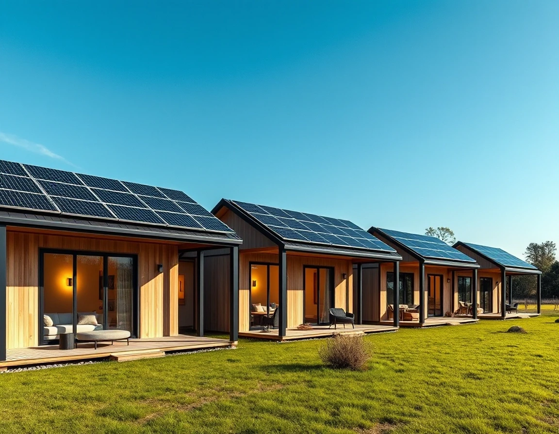 Horizontal architectural photography of a luxury eco-resort hotel complex. Three identical modern frame modular cabins standing in a neat row. Light wood facades with black…