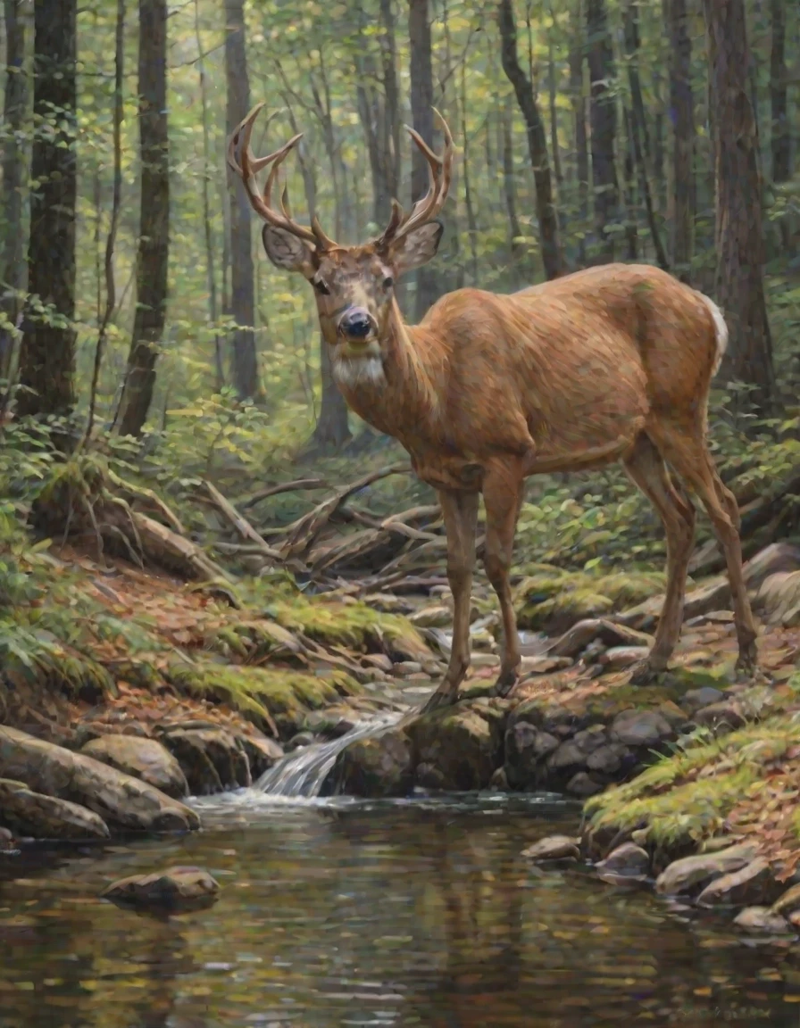 oil painting of a deer drinking from a forest stream, [NeurALartStudio method: summer: 0.1] — работа пользователя Ослепительная Полуночь