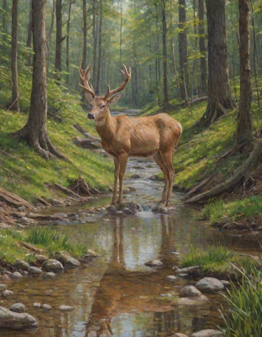 oil painting of a deer drinking from a forest stream, [NeurALartStudio method: summer: 0.1] — работа пользователя Ослепительная Полуночь