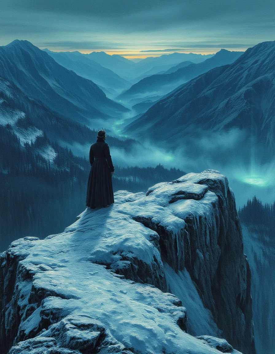 A true masterpiece, gotic style?a highly detailed oil painting. A wide-angle landscape in the dark fantasy style, depicting the Vosges mountains at dawn. A cold dawn. Two…