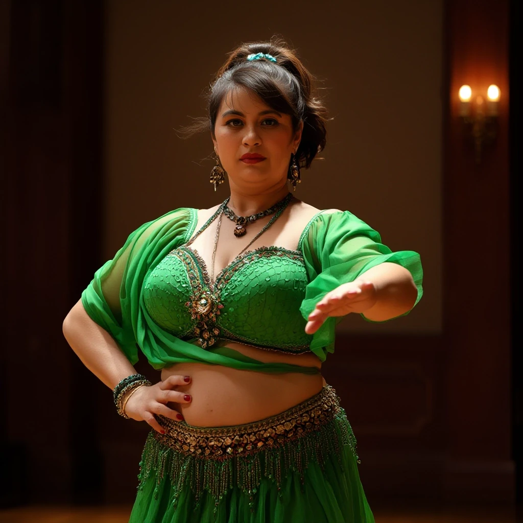 front view chubby belly dancer fifty years woman in green costume brown short ponytail hair stand in hall — работа пользователя Прекрасная Мантикора