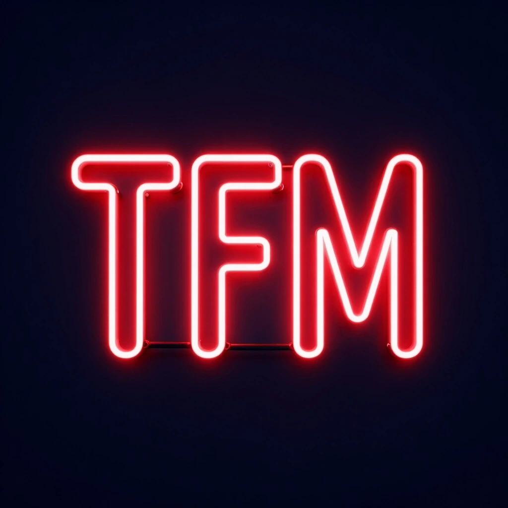 Крупные три заглавные буквы TFM, выполненные в стиле яркой красной неоновой вывески. Буквы плотно сгруппированы по центру, имеют легкое белое свечение по контуру и ярко-красную…