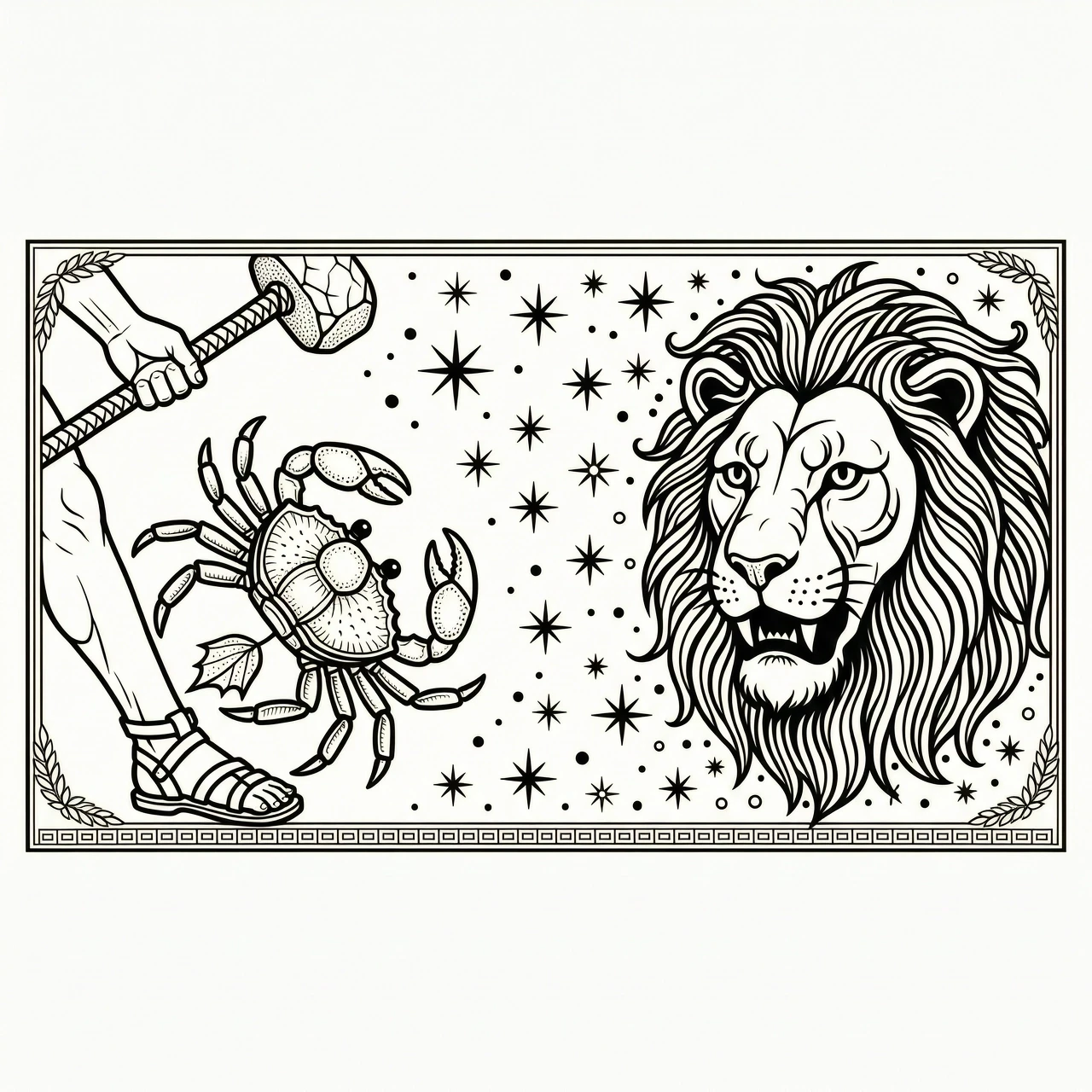 Single scene matching tattoo design, ancient Greek mythology, Hercules myth: a crab pinching the heel of Hercules on the left, a large Nemean lion head with a starry mane on the…