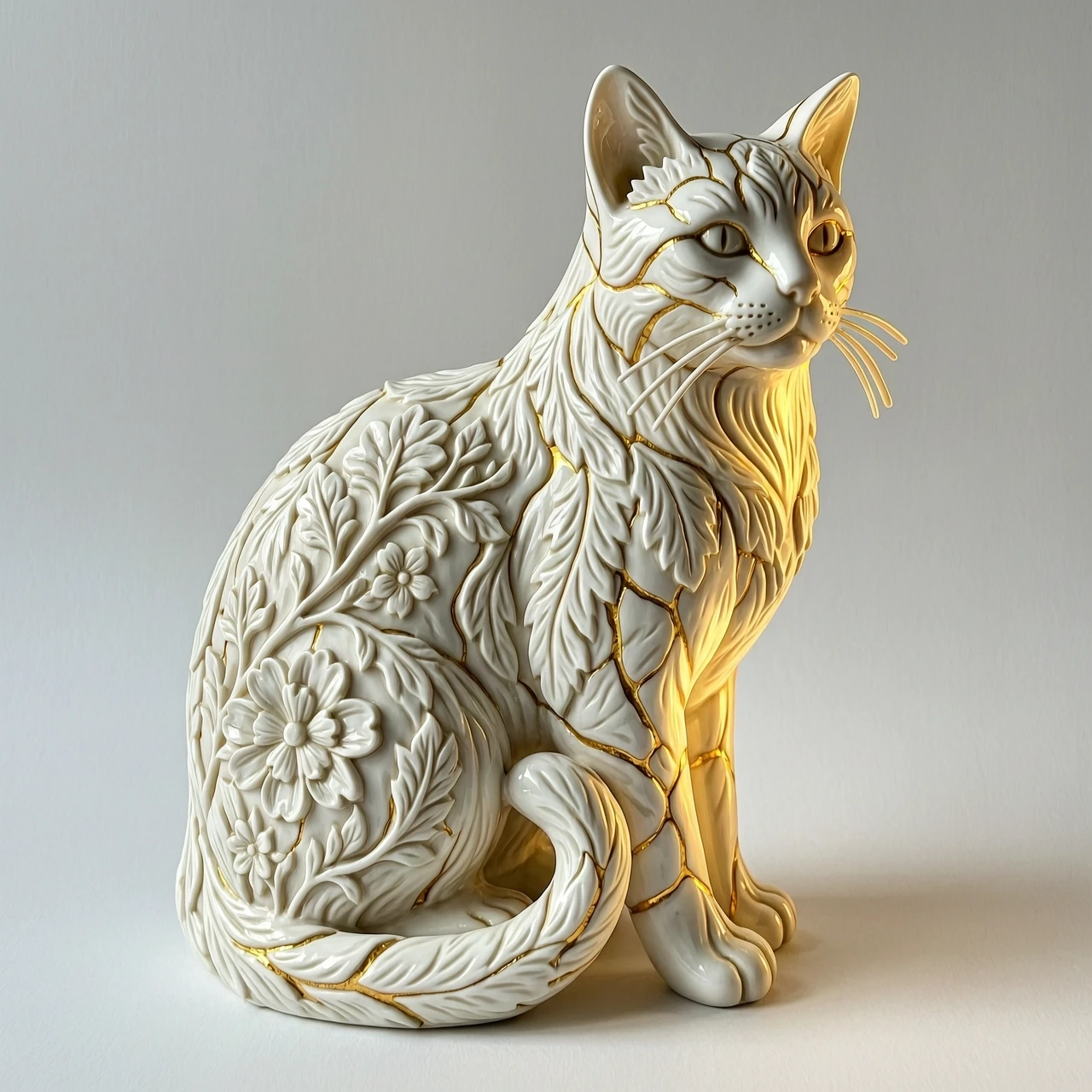 Digital image in Baroque and rocaille style with elements of kintsugi technique. Close-up. (Decorative sculpture made of white porcelain: 1.5). Golden cracks. Volume. The…