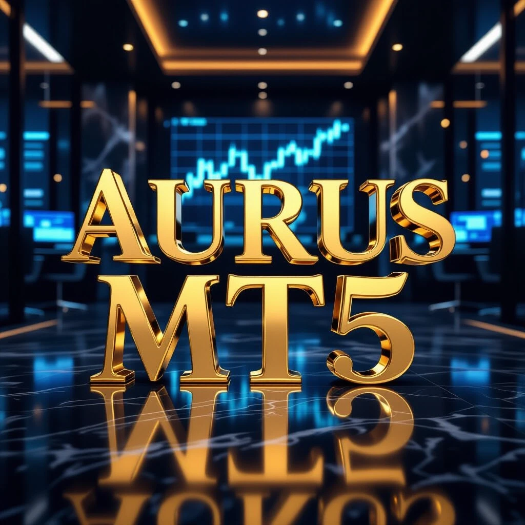 Luxurious 3D typography of the "Aurus MT5" crafted from polished solid gold. The text is set against a dark marble floor. Background: A crisp, high-tech trading floor…