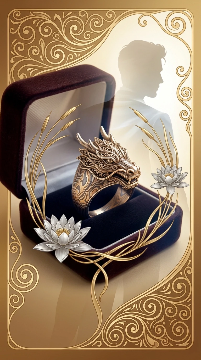 (Style):fantasy, Mokume-gane, technique: shakudo and shabuichi, smoothness, filigree lines, play of light and shadow, double exposure, airiness, oriental motifs, advertising,…
