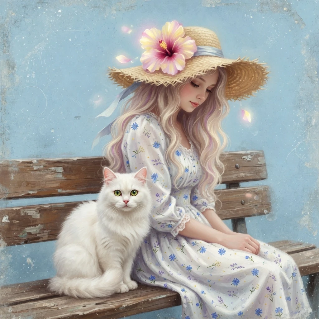The image is a digital art piece that features a young woman with long blonde hair and a large straw hat with a large flower on top. She is wearing a white dress with a floral…