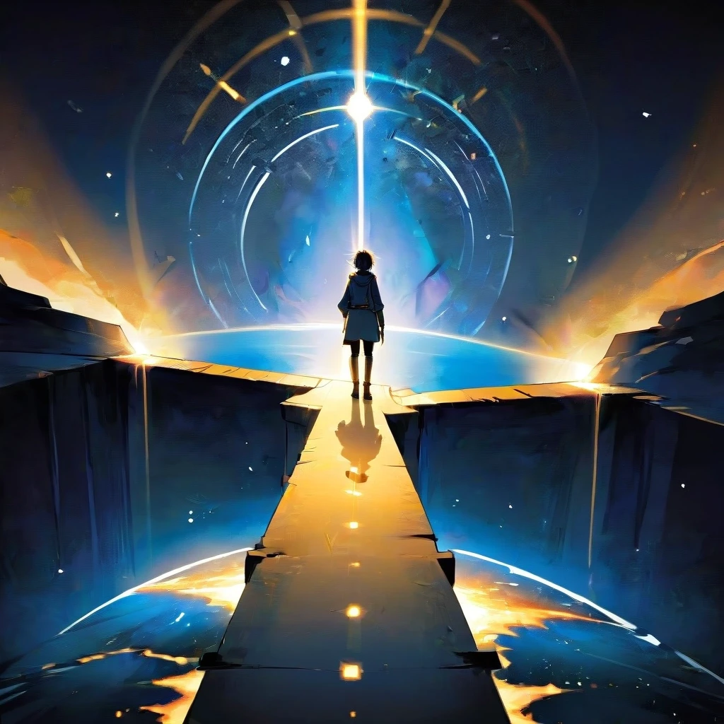 A lone figure standing on a narrow bridge stretching across an endless starry abyss. A compass in their hand points forward. The bridge is made of golden light. Style: epic…