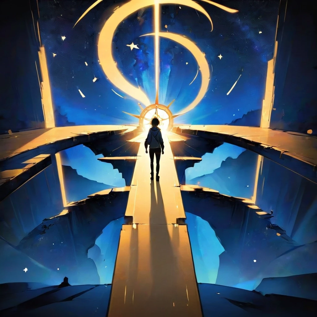 A lone figure standing on a narrow bridge stretching across an endless starry abyss. A compass in their hand points forward. The bridge is made of golden light. Style: epic…