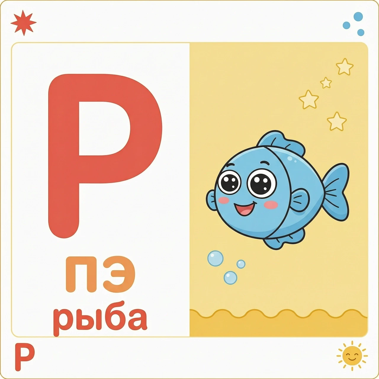 Мультяшная обучающая карточка формата А4 для первоклассников. Фон картинки белый. Слева — крупная заглавная буква „р“ простым толстым шрифтом без засечек, высота буквы около 15…