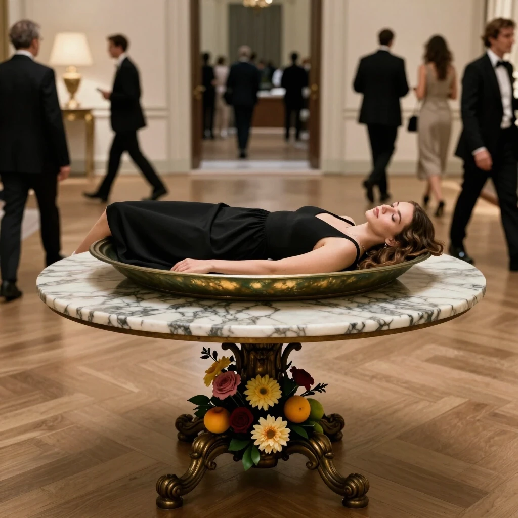A girl lies on a huge bronze platter. The platter stands on a marble table in the middle of the room. The table leg is decorated with flowers and fruits. People in evening…
