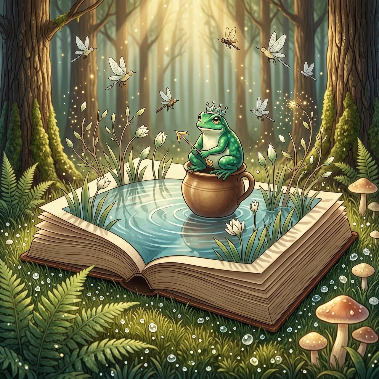 Открытая книжка‑панорамка в центре кадра, вид немного сверху и сбоку. Страницы объёмные, с бумажными 3D‑вырезками — они расходятся в стороны, создавая глубокую сцену. В центре…