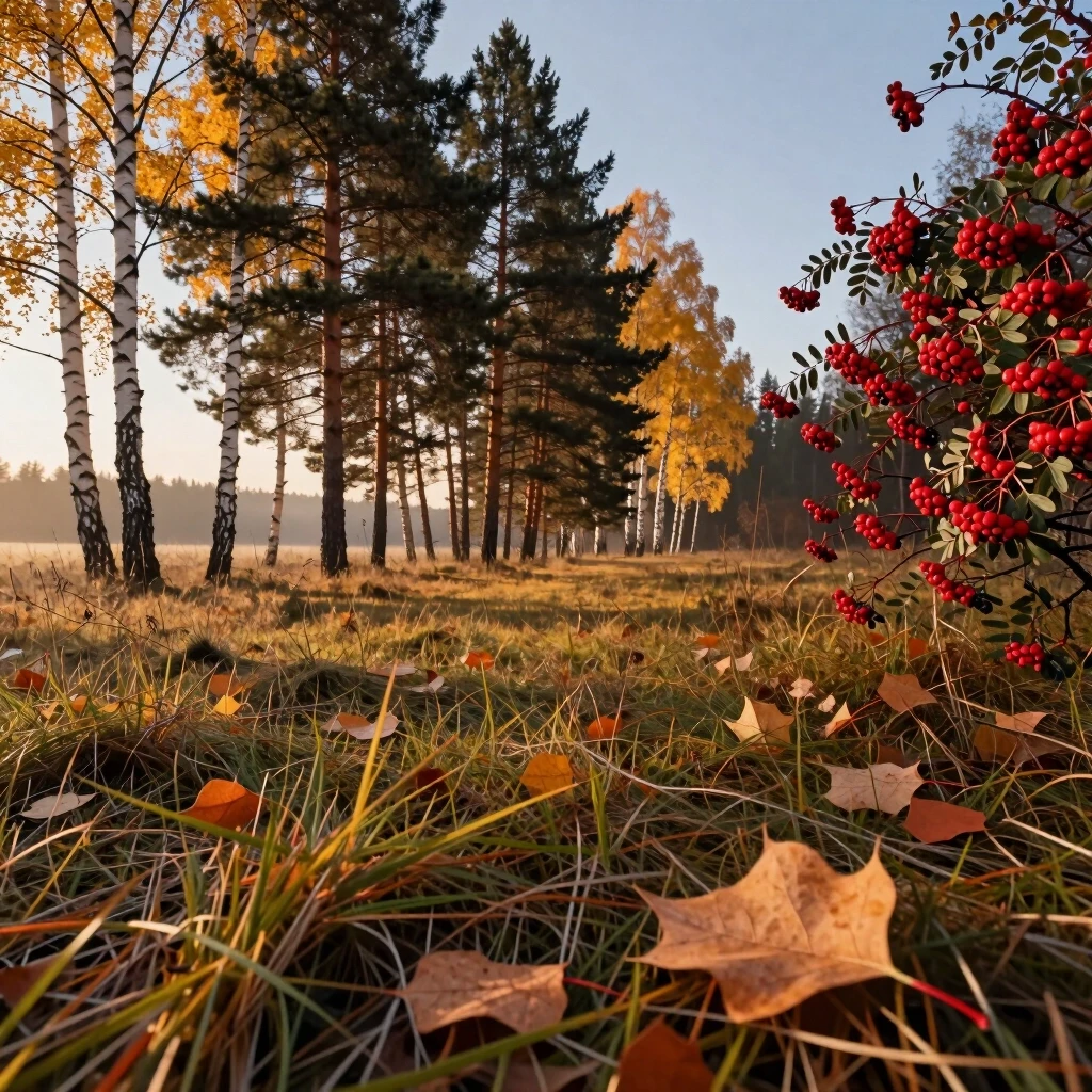 Photorealistic depiction of early autumn, cinematic shot from eye level. In the foreground: a small clearing with withered grass and scattered leaves; a large aspen leaf lies…