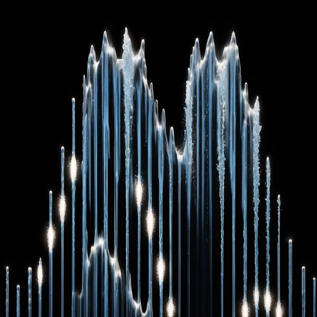 Repeating rows of vertical water jets on a black background, disappearing into perspective, columns of water, water show, 3D render, clear image, Repeating rows of vertical…