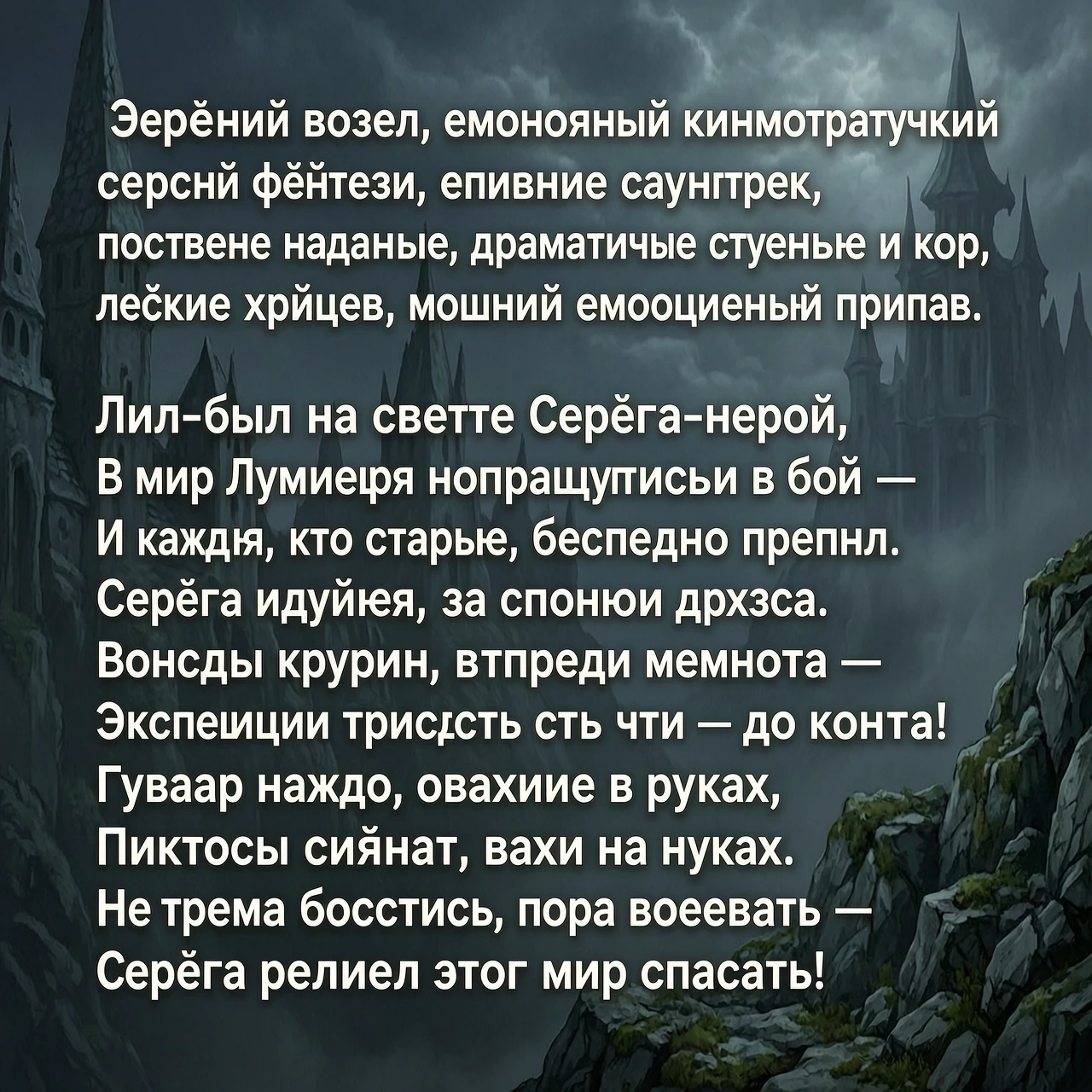 Женский вокал, эмоциональная кинематографичная песня, мрачное фэнтези, эпичный саундтрек, постепенное нарастание, мощный припев, драматичные струнные и хор, темп около 90 BPM.…