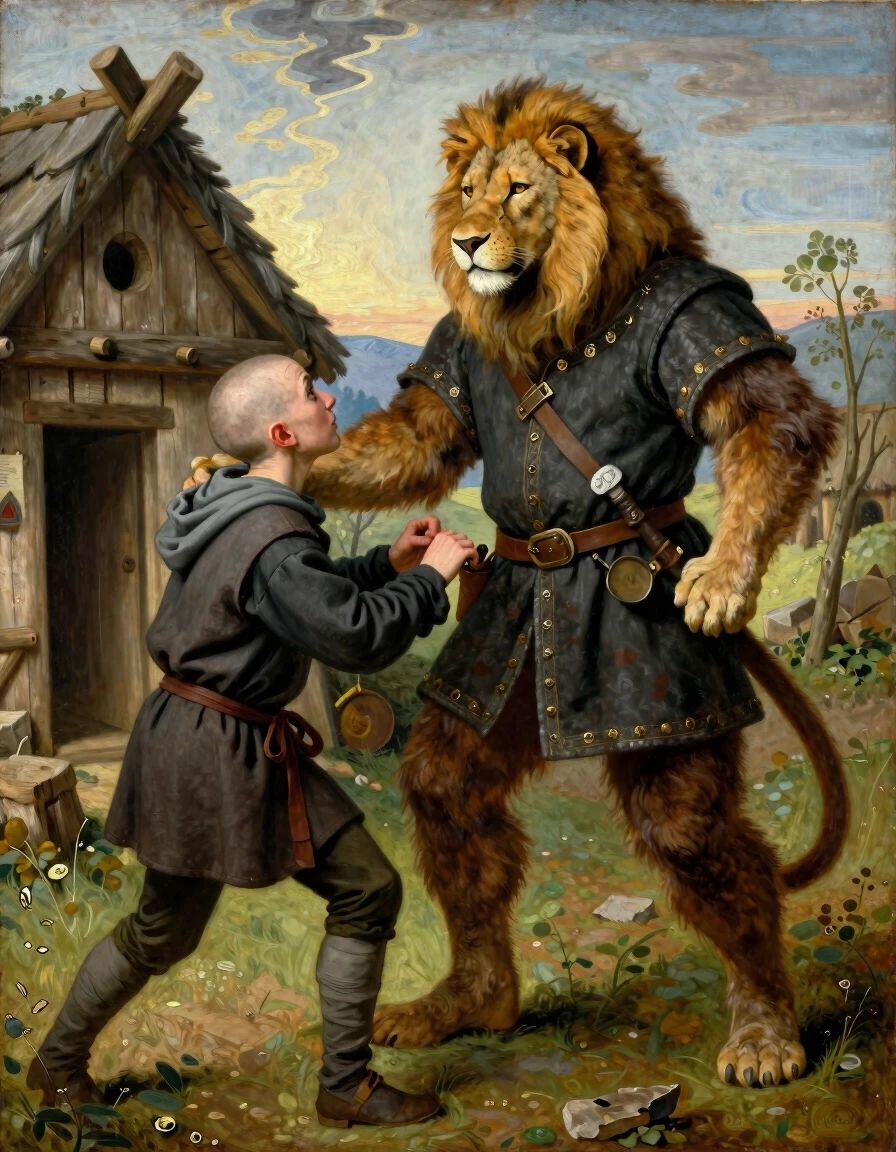Create an image in the style of a medieval oil painting: a forty-year-old furry with a human body and a leonine head, grabs a young thief with his left hand. The thief is of…