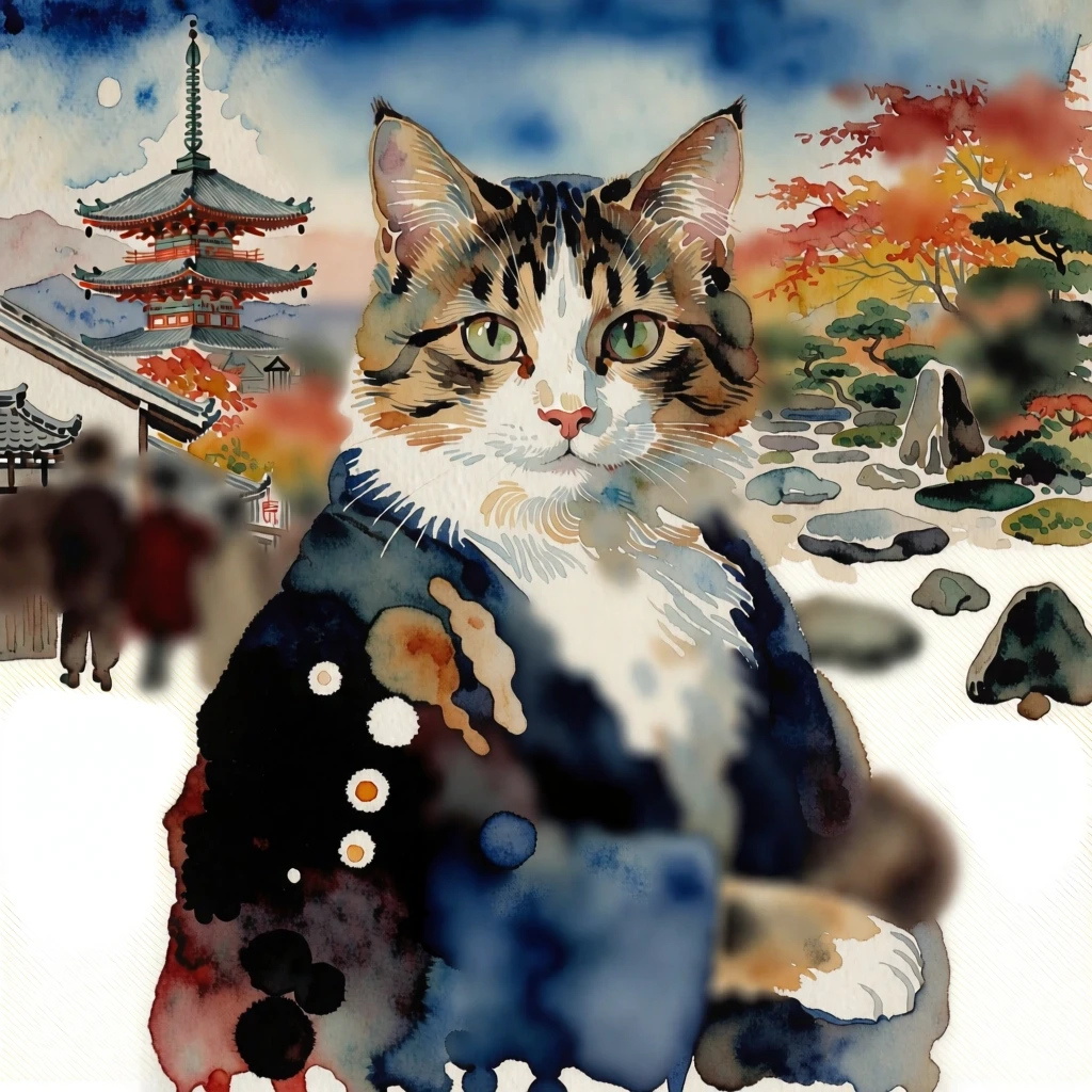 A masterpiece. The painting is done in watercolors. (Double exposure:1.8). (Portrait of a fabulously beautiful cat:1.8). In the background, there are views of Japan at that…