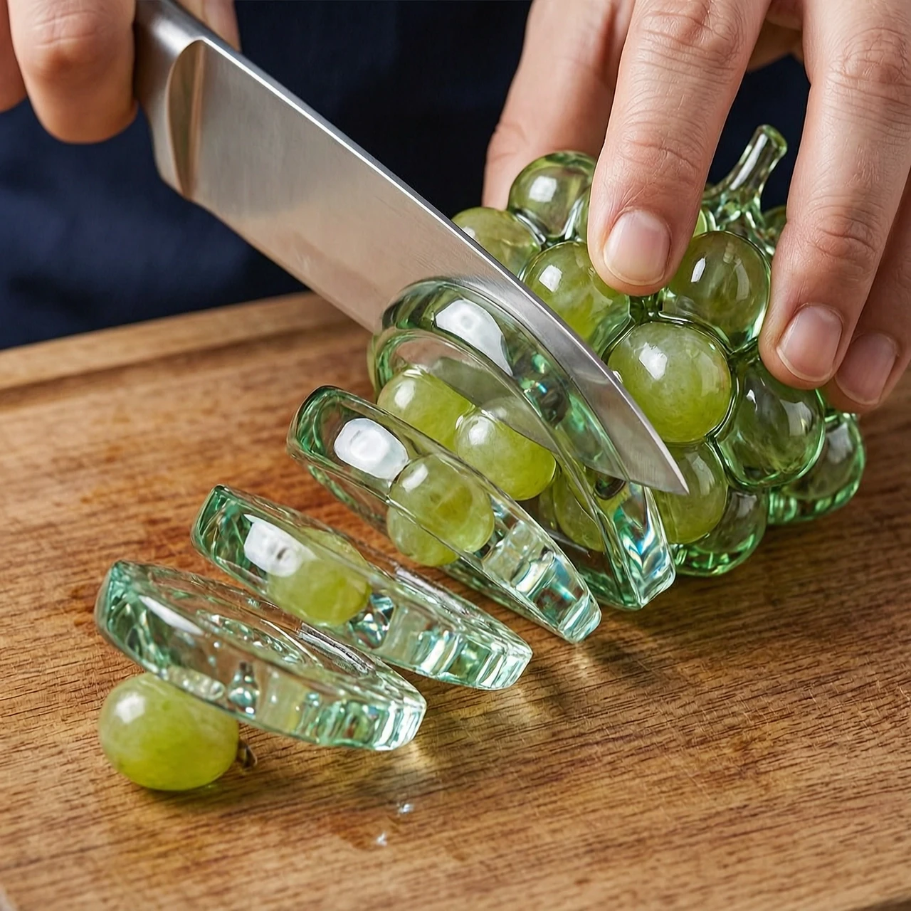 Highly realistic ultra 8K ASMR video of a human hand slicing a hyper-detailed, glass sculpture of a (green grapes) on a wooden cutting board. The object resembles glossy blown…