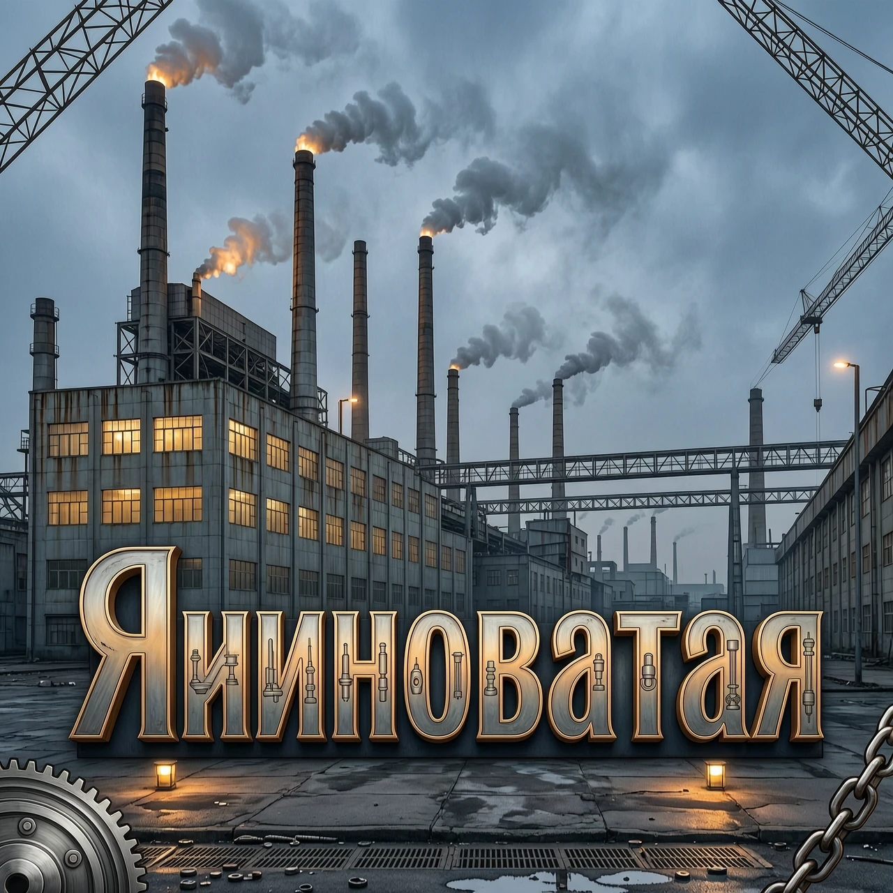Слово «Ясиноватая» выполни в декоративном леттеринге: плавные, но мощные линии, стилизованные под кованый металл и литьё. В орнамент интегрируй миниатюрные изображения станков,…
