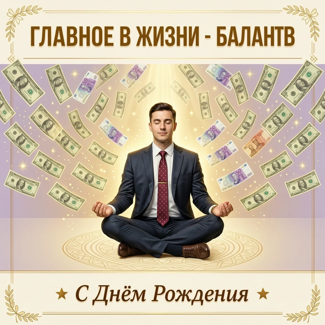 На изображении представлен белый мужчина в офисном костюме, сидящий в классической позе лотоса. Вокруг медитирующего мужчины в воздухе парят денежные купюры различных номиналов.…
