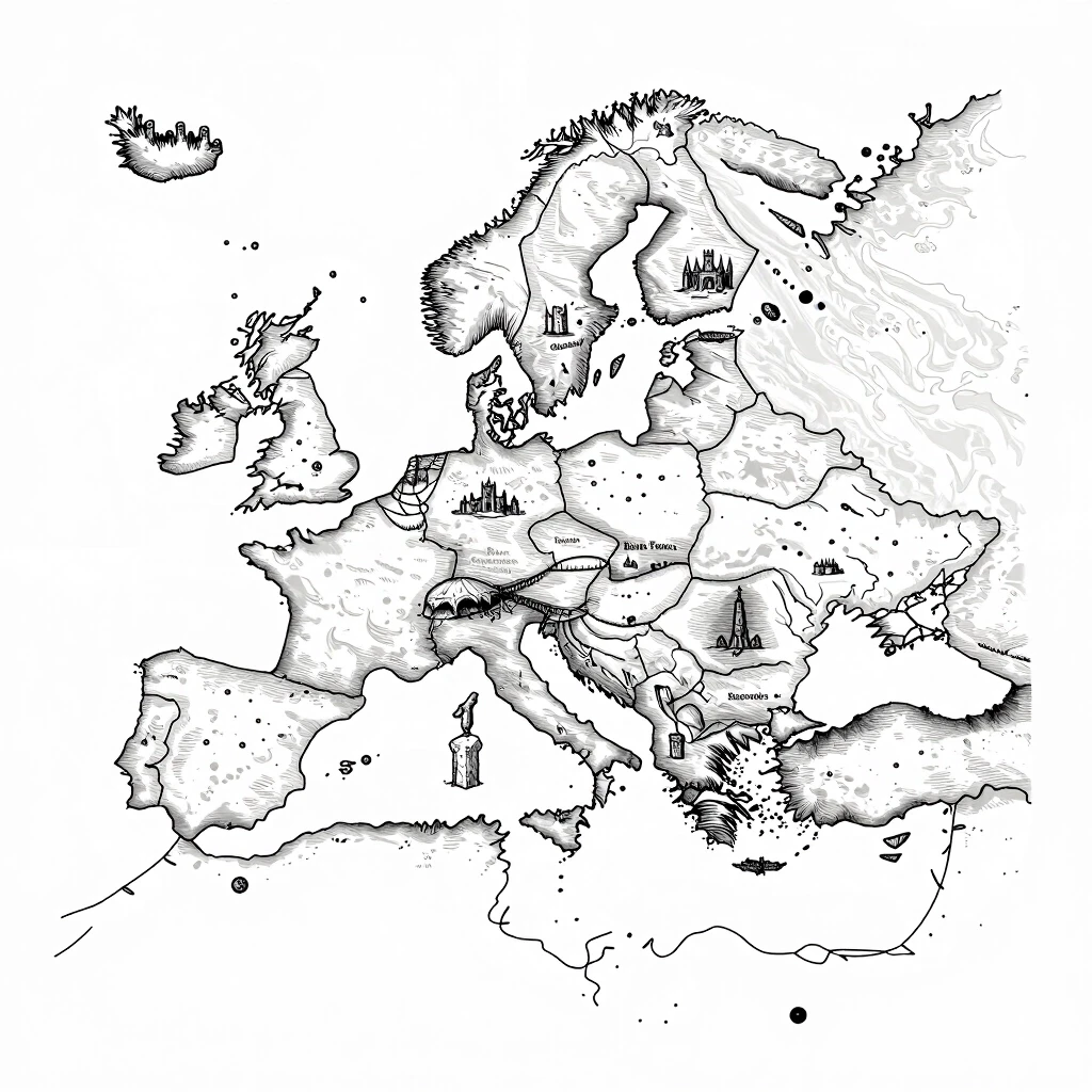 2D top-down authentic gritty dark fantasy large-scale strategic nautical map, high-detail medieval woodcut style, inspired by Tainted Grail: Fall of Avalon. Pure white…