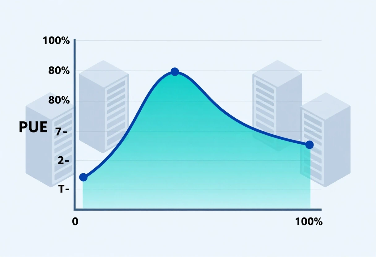 Clean isometric vector infographic showing a line graph. X-axis represents IT load percentage (0-100%), Y-axis represents PUE value. The curve starts high at low load, dips to…