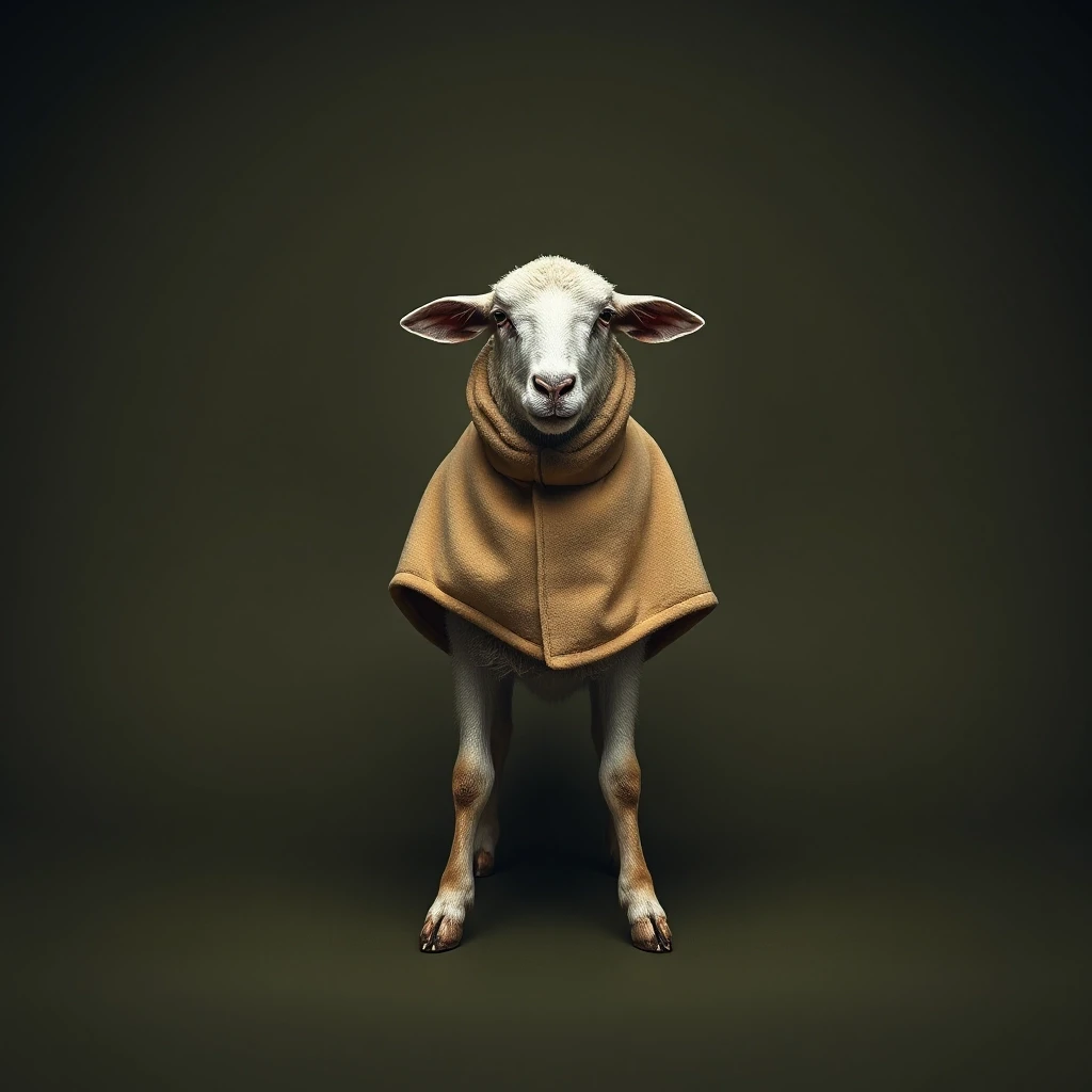 Draw a symmetrical frontal frame in the style of Wes Anderson for the A6 format. In the center is a full—length sheep (in a relaxed pose), with a light olive—colored cape on her…