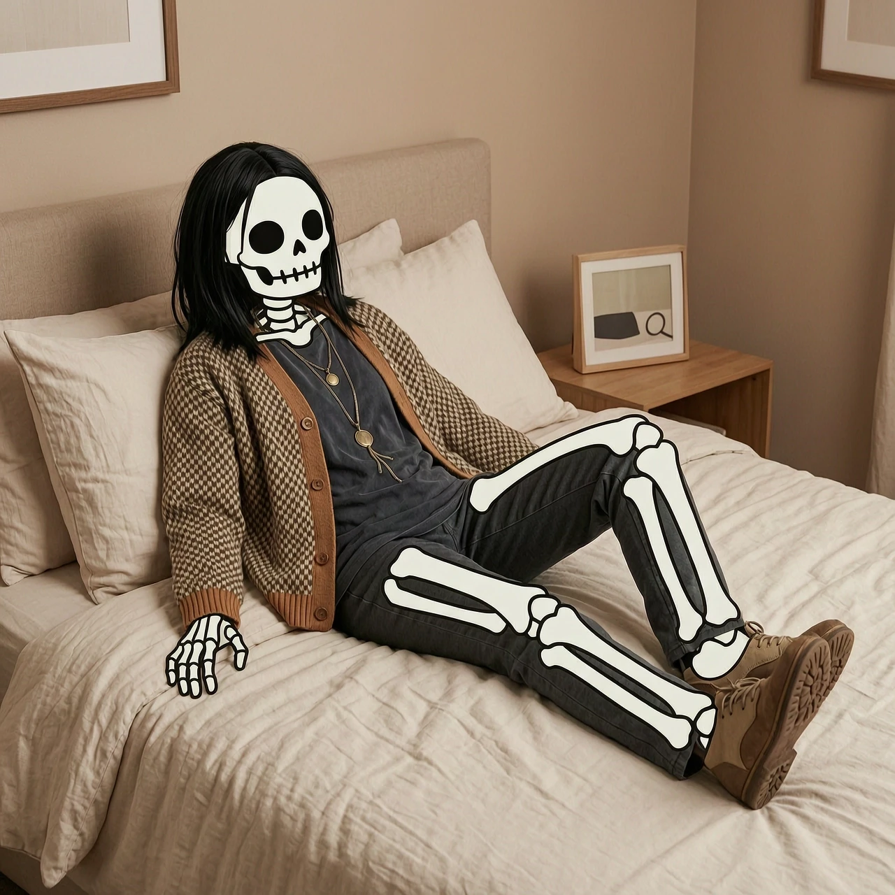 Создай скелета как из игры undertale по имени Санс в постельном стиле , интересной одеждой и аксессуарами это девушка но как все скелеты без волос — работа пользователя…