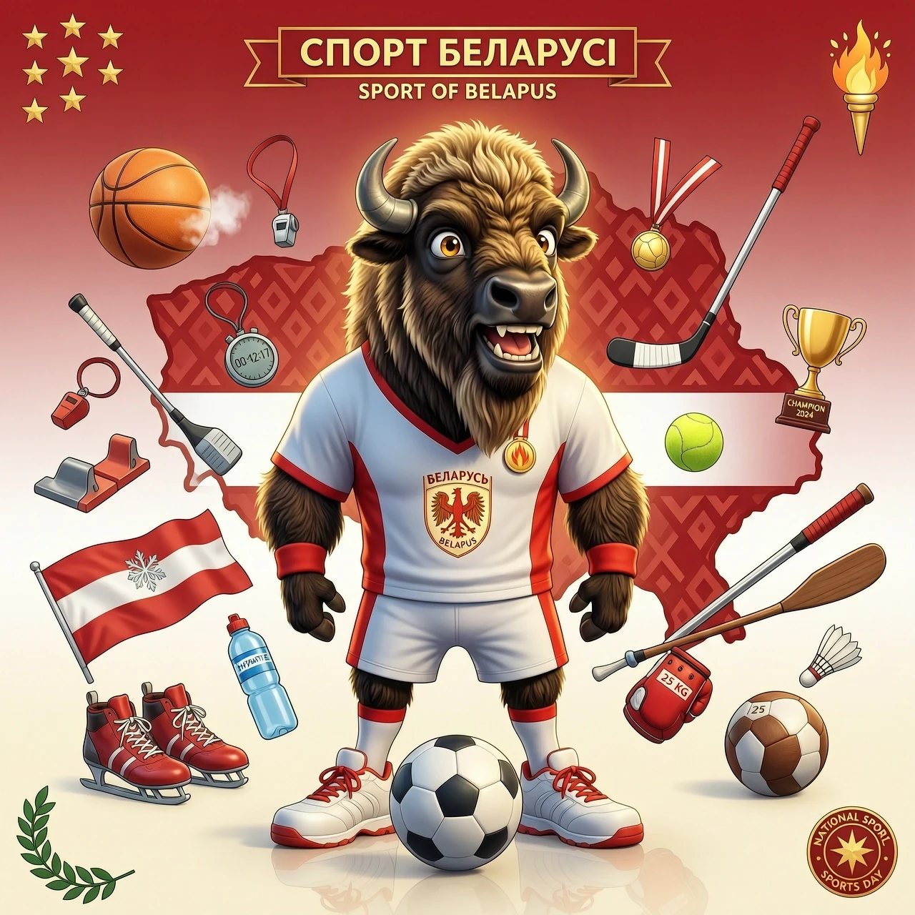 Разные элементы спорта с инвентарем. Зубр в спортивной форме по центру на фоне контура Беларуси в стиле pixar — работа пользователя Волшебный Рассвет