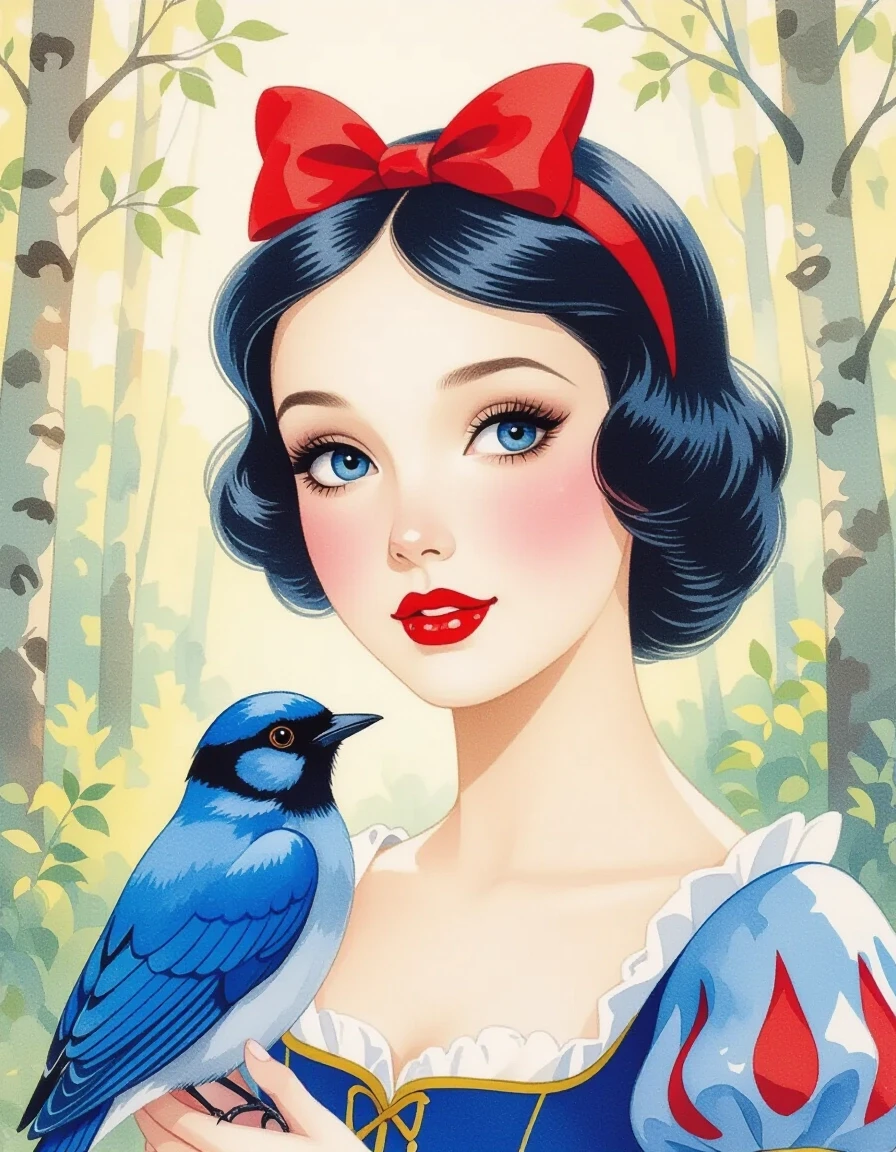 A masterpiece. Creating an image. The style is watercolor painting. Delicate watercolor on raw material.((Snow white with white delicate skin, expressive eyes, clear facial…
