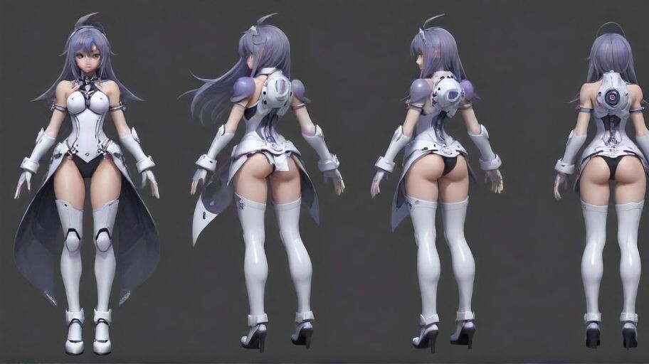 Neptunia-woman, full height, (style: Hyperdimension Neptunia) Character sheet, front, back, left, right (style: detailed black and white) background is grey — работа…