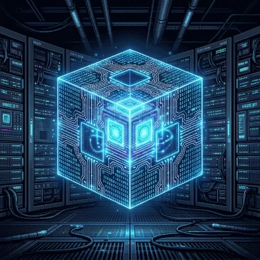 High-quality detailed pixel art of a floating 3D digital cube made of glowing circuits and binary code. Inside the transparent cube, a pulsing neon core. Dark obsidian…