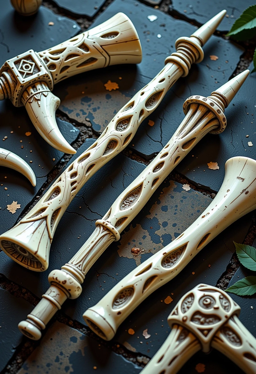 view strictly from above, several bone spiked clubs, crafted from ancient, weathered ivory-colored bone, laid out on the stone floor — работа пользователя Возвышенный Интерферометр