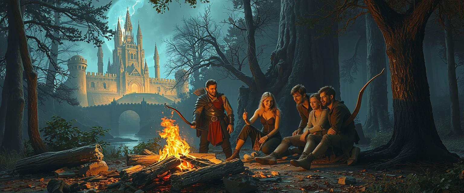 An epic wide channel header featuring a heroic fantasy RPG gaming party gathered around a campfire before a battle, a warrior, mage, and archer laughing together, mystical…