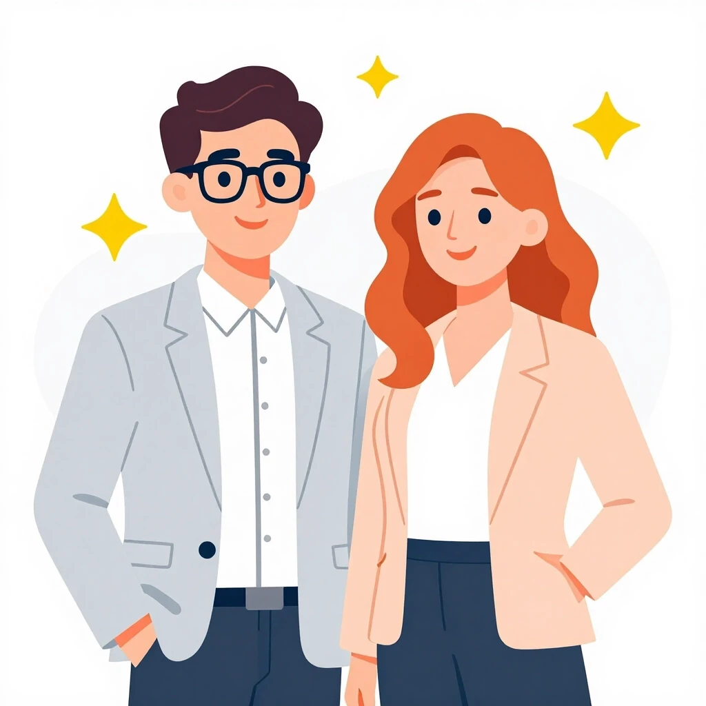 Modern flat vector illustration. Two young professionals depicted from the waist up, standing shoulder to shoulder (a young man and a woman). The man has dark brown hair and…