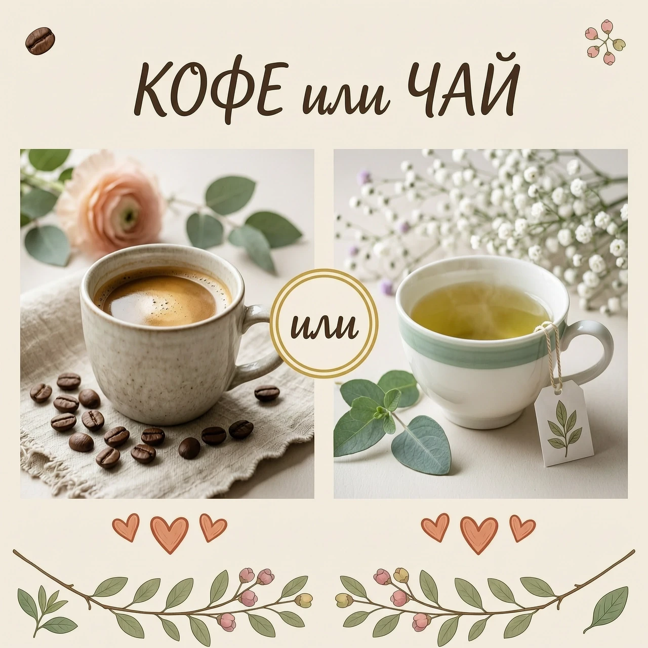 Фотореалистичная композиция «КОФЕ или ЧАЙ» в стиле hygge, пастельная палитра , в бежевых тонах, мягкий свет, 8K. Кадр поделён пополам: слева — красивая кружка с кофе, кофейные…