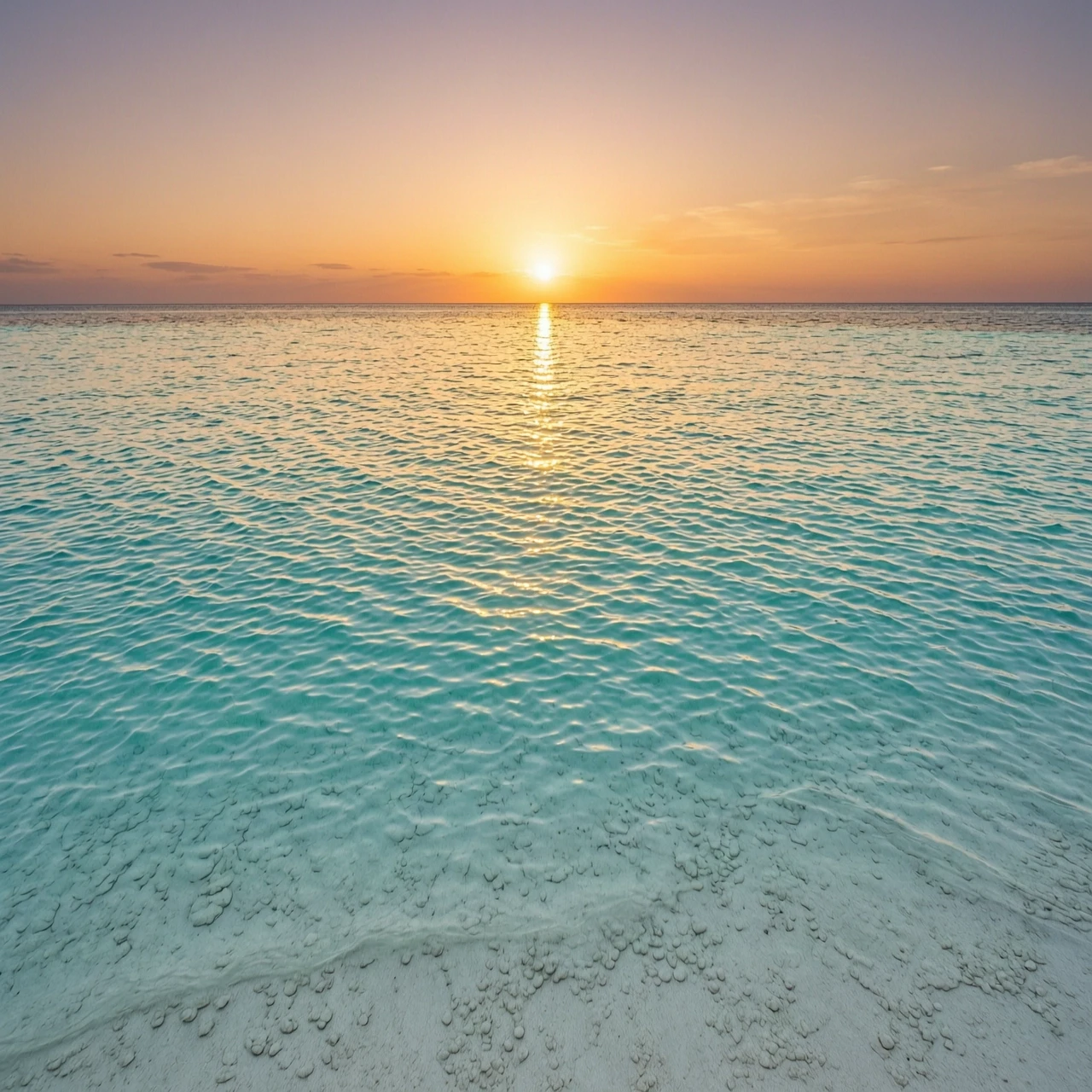 A hyper-realistic wide-angle shot of a calm turquoise ocean at sunset. The water is crystal clear, showing a white sandy seabed with subtle ripples. Golden sunlight reflecting…
