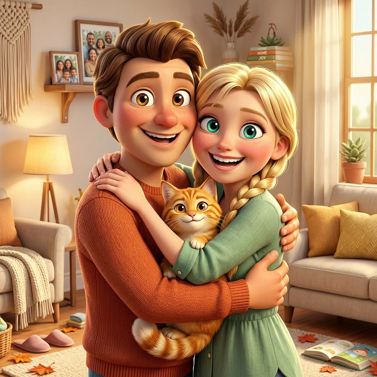 Disney Pixar style 3D animation. A happy husband and wife hugging each other and holding their cute ginger cat. The husband has short brown hair, the wife has long blonde hair…