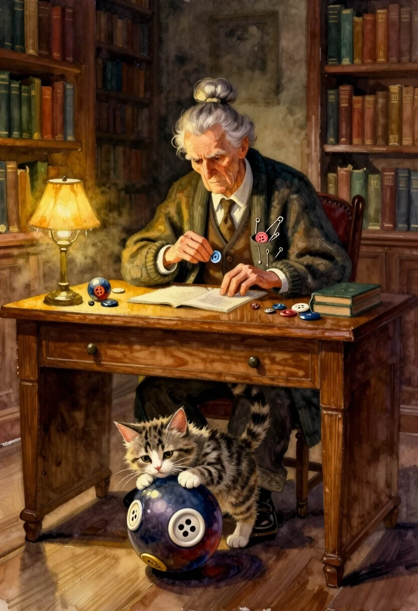 Digital painting style, oil and watercolor blend, rich, deep colors with soft edges and visible brushstrokes. A stern, elderly librarian with a tight bun and a long, flowing…